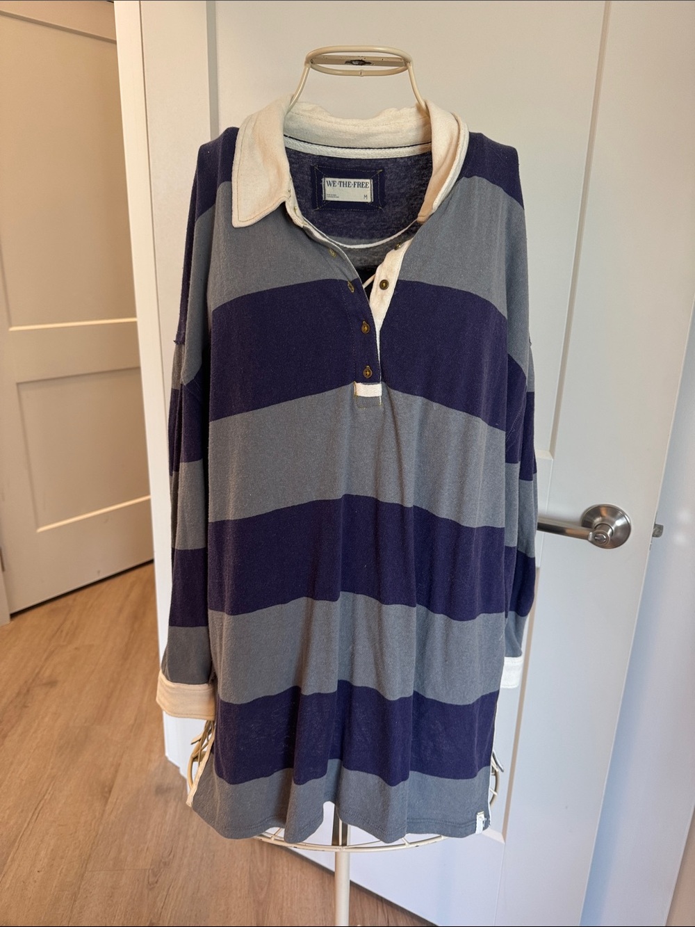 We The Free Navy, Gray and Cream Striped V-Neck Rugby Sweater